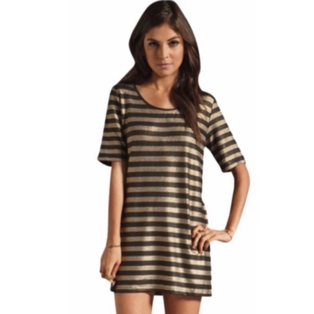 MINKPINK Black and Gold Striped Short Sleeve Dress